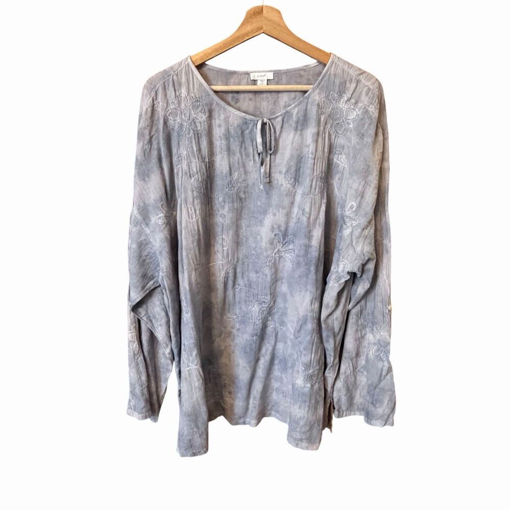 J Jill Women Oversized Tie Dye Peasant Tunic Top Sz 2X Coastal Artsy Embroidered